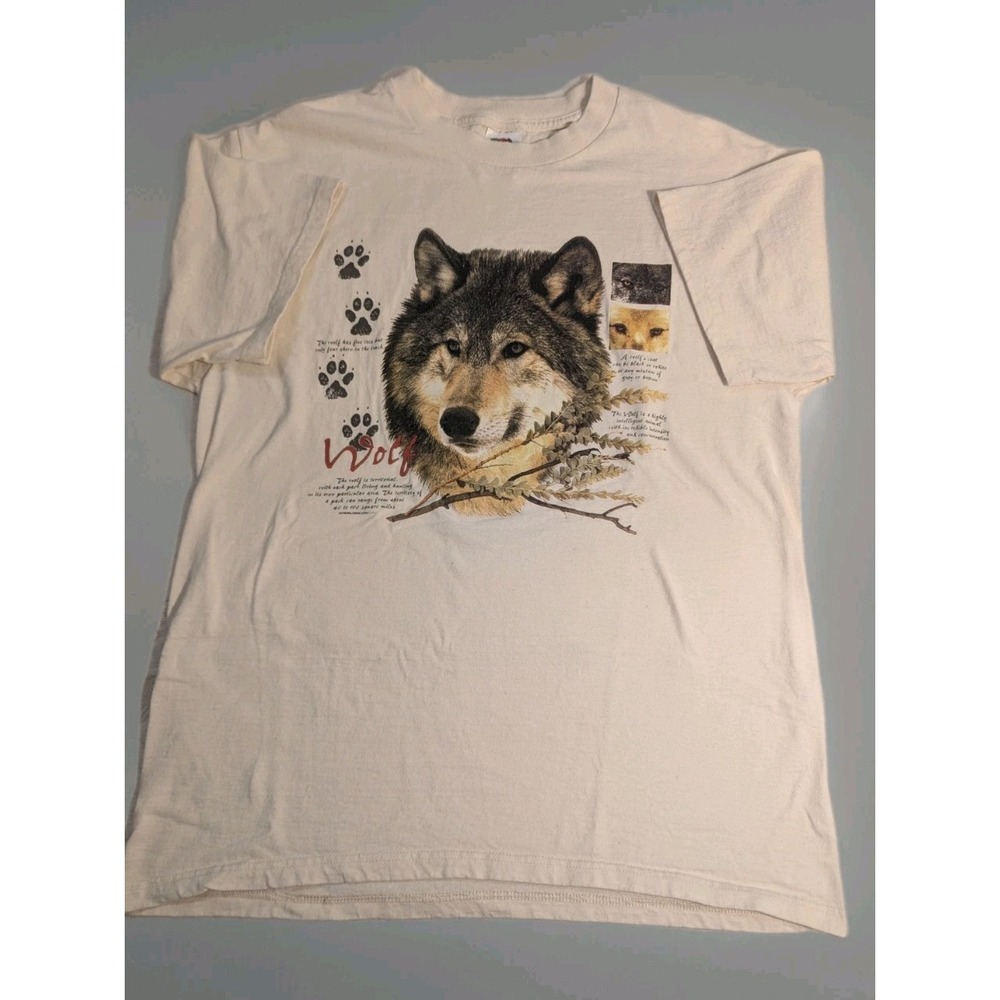 VTG Y2K 90s Wolf Wildlife T Shirt Nature Natirve American Earthy Outdoor L Cream